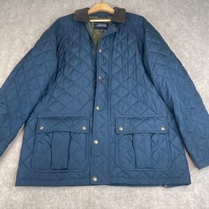 Lands End Quilted Barn Jacket Blue Corduroy‎ Collar Full Zip Pockets Mens L